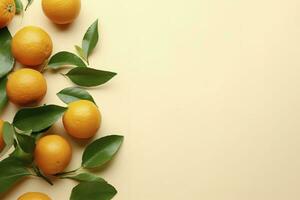 Whole orange yellow tangerines with green leaves on pastel beige background, copyspace. Citrus fruits mandarines as minimal food frame background, empty space, above view, generate ai photo