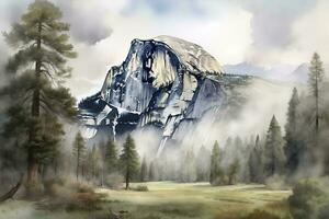 watercolor painting of a national park, featuring iconic landmarks, such as Old Faithful in Yellowstone or Half Dome in Yosemite, and intricate details of nature and wildlife, generate ai photo