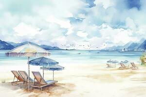 Beautiful beach banner. White sand, chairs, and umbrella travel tourism wide panorama background concept. Amazing beach watercolor landscape watercolor painting, generate ai photo