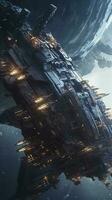 Cinematic Still, intense space battle between two massive battleships, starry sky, nebulae, galaxies, HDR futuristic space battleship destroyers traveling through an asteroid field, generate ai photo