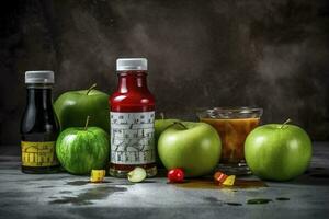 Sauces, apple and green measuring tape on grunge background. Diet concept, generate ai photo