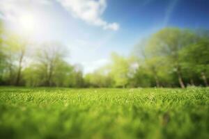 Beautiful blurred background image of spring nature with a neatly trimmed lawn surrounded by trees against a blue sky with clouds on a bright sunny day, generate ai photo