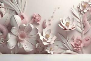 3d illustration mural wallpaper . pink flowers in light background for wall decorative, generate ai photo