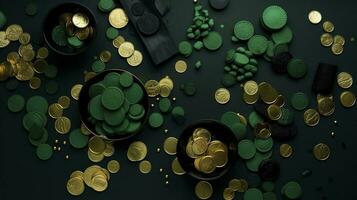 Saint Patrick's Day concept. Top view photo of leprechaun cap present boxes pot with gold coins bow-tie shamrocks and confetti on isolated green background with blank space , generate ai