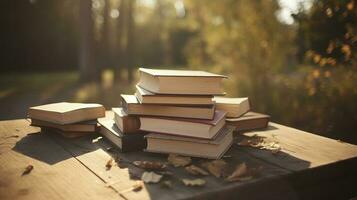 apilar de antiguo libros en naturaleza en de madera tablero con borroso verde fondo, generar ai foto