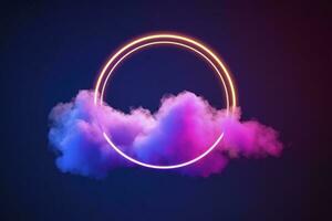 3d render, abstract cloud illuminated with neon light ring on dark night sky. Glowing geometric shape, round frame, generate ai photo