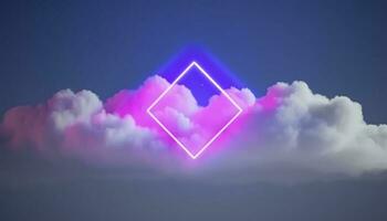 3d render, abstract minimal background with pink blue yellow neon light square frame with copy space, illuminated stormy clouds, glowing geometric shape, generate ai photo
