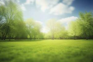 Beautiful blurred background image of spring nature with a neatly trimmed lawn surrounded by trees against a blue sky with clouds on a bright sunny day, generate ai photo