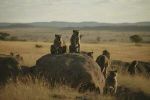 A family of baboons perched on a rocky outcropping in a savanna landscape, generate ai photo