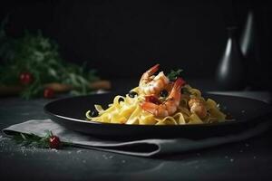 Traditional Italian tagliatelle ai gamberoni pasta with king prawns and herbs served as close-up on a design plate with copy space, generate ai photo