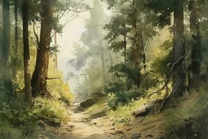 Sunny summer forest.Picture created with watercolors , generate ai photo