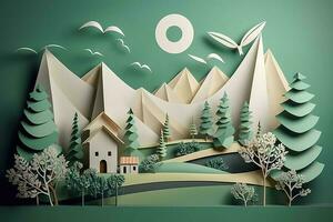 Paper art, renewable energy with green energy such as wind turbines, Renewable energy by 2050 Carbon neutral energy, Energy consumption, and CO2, Reduce CO2 emission concept, generate ai photo