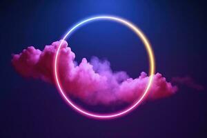 3d render, abstract cloud illuminated with neon light ring on dark night sky. Glowing geometric shape, round frame, generate ai photo