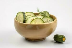 Bowl with tasty fermented cucumbers and ingredients on white background, generate ai photo