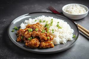 Sweet and sour chili sauce chicken with rice in a plate, generate ai photo
