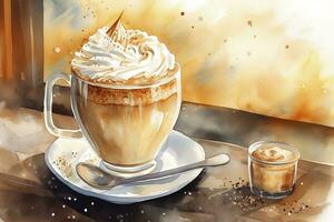 mano dibujado acuarela café con chocolate pastel, capuchino taza con platillo, aislado en blanco antecedentes. delicioso comida ilustración, generar ai foto