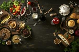 Table scene with a selection of delicious foods. Top view over a dark wood banner background, generate ai photo