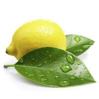 Citrus Lemon leaf with water drops isolated on white background, generate ai photo