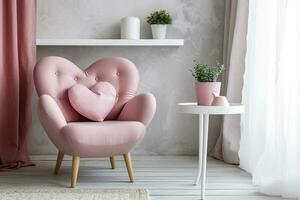 Stylish pink armchair with heart shaped pillow in a bright minimalist interior, generate ai photo