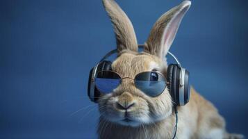 Cool bunny with sunglasses on colorful background. photo