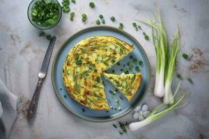 Traditional Italian vegetable frittata with zucchini, spring onion and cheese served as a top view on a Nordic design plate with copy space, generate ai photo