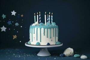 White birthday drip cake with teal ganache, star toppers and fun candles over dark blue background, generate ai photo