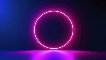 3d render, blue pink neon round frame, circle, ring shape, empty space, ultraviolet light, 80s retro style, fashion show stage, abstract background, generate ai photo