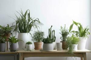 Green houseplants in pots and watering can on wooden table near white wall , generate ai photo