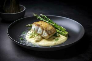 Traditional Fried Skrei Cod Fish Fillet with Green Asparagus Tips and Mashed Potato Cream in Parmesan Olive Oil Sauce as Closeup on a Modern Design Plate with Copy Space, generate ai photo