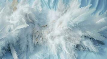 a bright blue background with one white feather, in the style of soft and dreamy pastels, glimmering light effects, nature inspired imagery, fairycore, soft focal points, generate ai photo