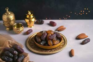 Eid al-Fitr holiday concept with sweet dried dates, fruits and decorations on bright background. Top view from above, generate ai photo