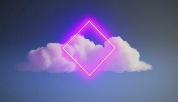 3d render, abstract minimal background with pink blue yellow neon light square frame with copy space, illuminated stormy clouds, glowing geometric shape, generate ai photo