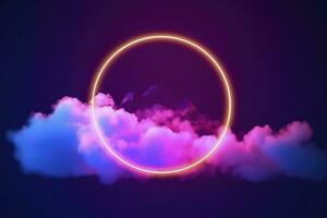 3d render, abstract cloud illuminated with neon light ring on dark night sky. Glowing geometric shape, round frame, generate ai photo