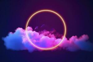 3d render, abstract cloud illuminated with neon light ring on dark night sky. Glowing geometric shape, round frame, generate ai photo