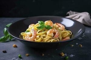 Traditional Italian tagliatelle ai gamberoni pasta with king prawns and herbs served as close-up on a design plate with copy space, generate ai photo
