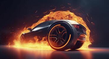 3d representación, Deportes coche carreras en carrera pista con el fuego incendio, coche rueda a la deriva, generativo ai foto