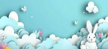 Horizontal banner with paper cut clouds, rabbit, eggs, and hearts, blue sky background, paper cut craft art. A place for text. Happy Easter Day sale concept, template with square frame, generate ai photo