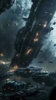 Cinematic Still, intense space battle between two massive battleships, starry sky, nebulae, galaxies, HDR futuristic space battleship destroyers traveling through an asteroid field, generate ai photo