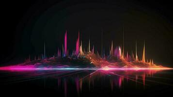 light lines with bright colors in a dark environment, in the style of futuristic landscapes, vibrant skylines, light bronze and magenta, light crimson and light blue, generat ai photo