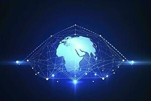 Global network on Earth concept. 3D rendering, World map point. Big data analytics and business concept, world map point and line composition concept of global business, generate ai photo