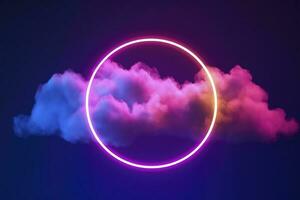 3d render, abstract cloud illuminated with neon light ring on dark night sky. Glowing geometric shape, round frame, generate ai photo