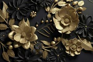 3d mural floral wallpaper. golden and black flowers and leaves. 3d render background wall decor, generate ai photo