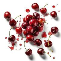 Whole and sliced fresh cherries in the air, isolated on a white background, generate ai photo