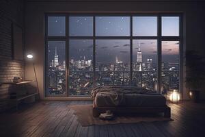 illustration of luxury penthouse bedroom at night photo