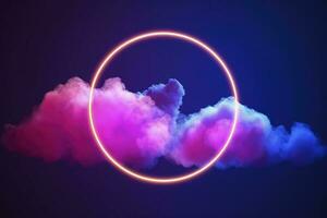 3d render, abstract cloud illuminated with neon light ring on dark night sky. Glowing geometric shape, round frame, generate ai photo