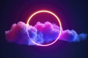 3d render, abstract cloud illuminated with neon light ring on dark night sky. Glowing geometric shape, round frame, generate ai photo