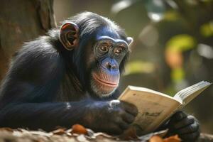 abierto libro con animal dibujos animados jugando en el parque debajo un grande árbol, generar ai foto