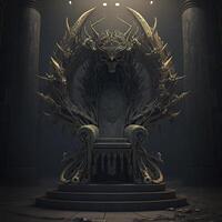 illustration of the hell throne hall with a throne, idea for scary background backdrop, fantasy throne, majestic throne room decorated, photo