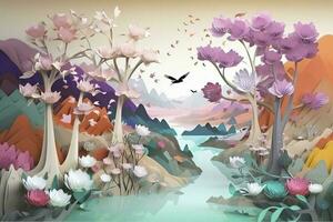 3d mural colorful landscape. flowers branch multi colors with trees and water. Waterfall and flying birds. suitable for printing on canvas, generate ai photo