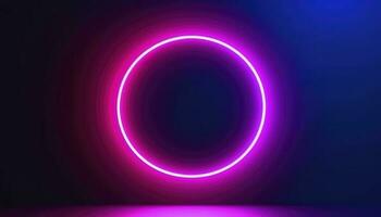 3d render, blue pink neon round frame, circle, ring shape, empty space, ultraviolet light, 80s retro style, fashion show stage, abstract background, generate ai photo